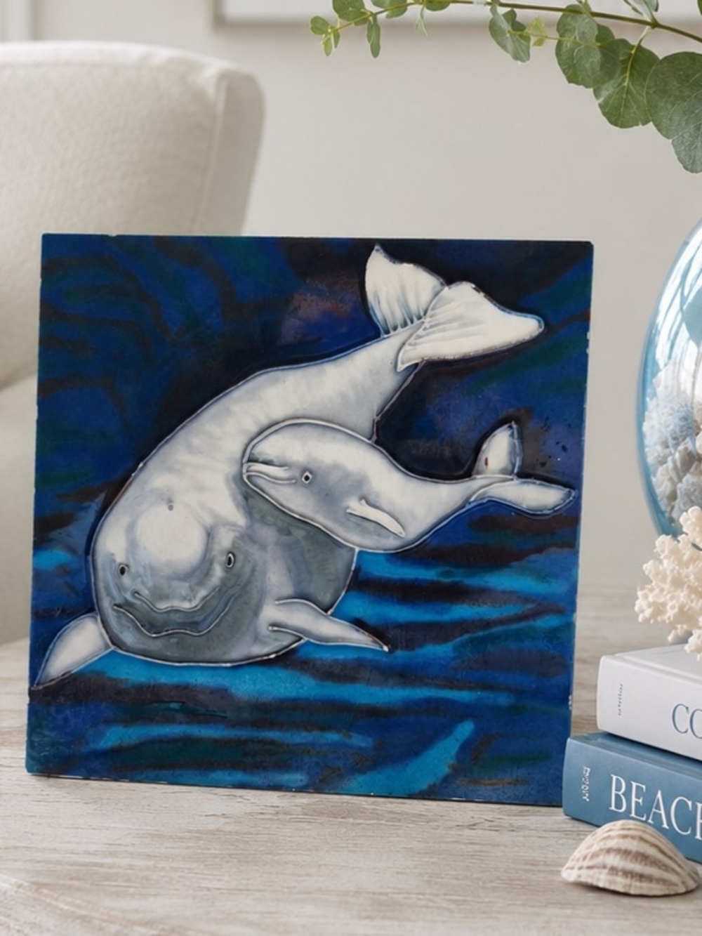 Beluga Whale Wall Art On Ceramic Tile 8” Square White Mom & Baby w/ Stand